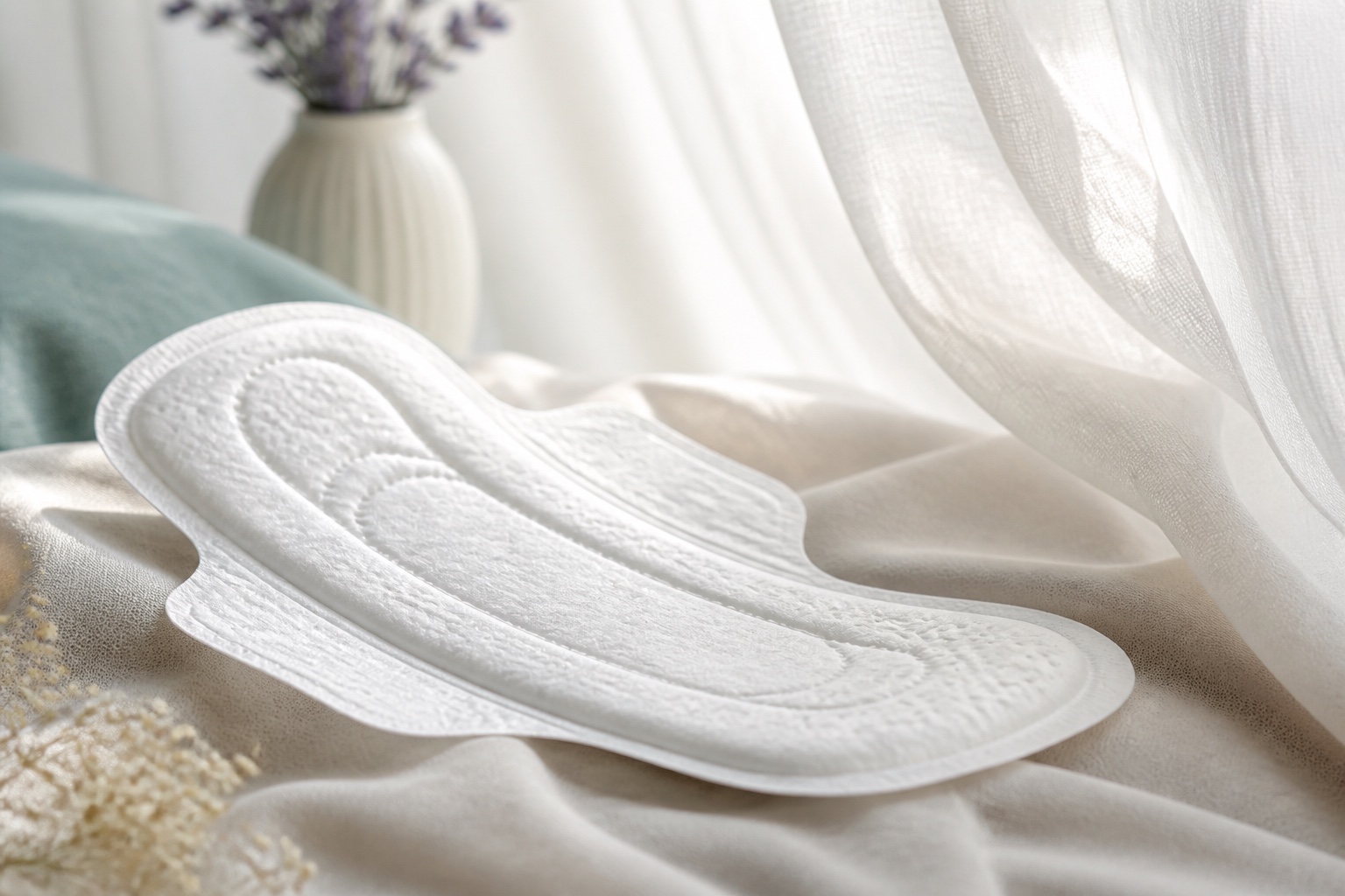 Unbranded sanitary pad beside a softly moving sheer curtain
