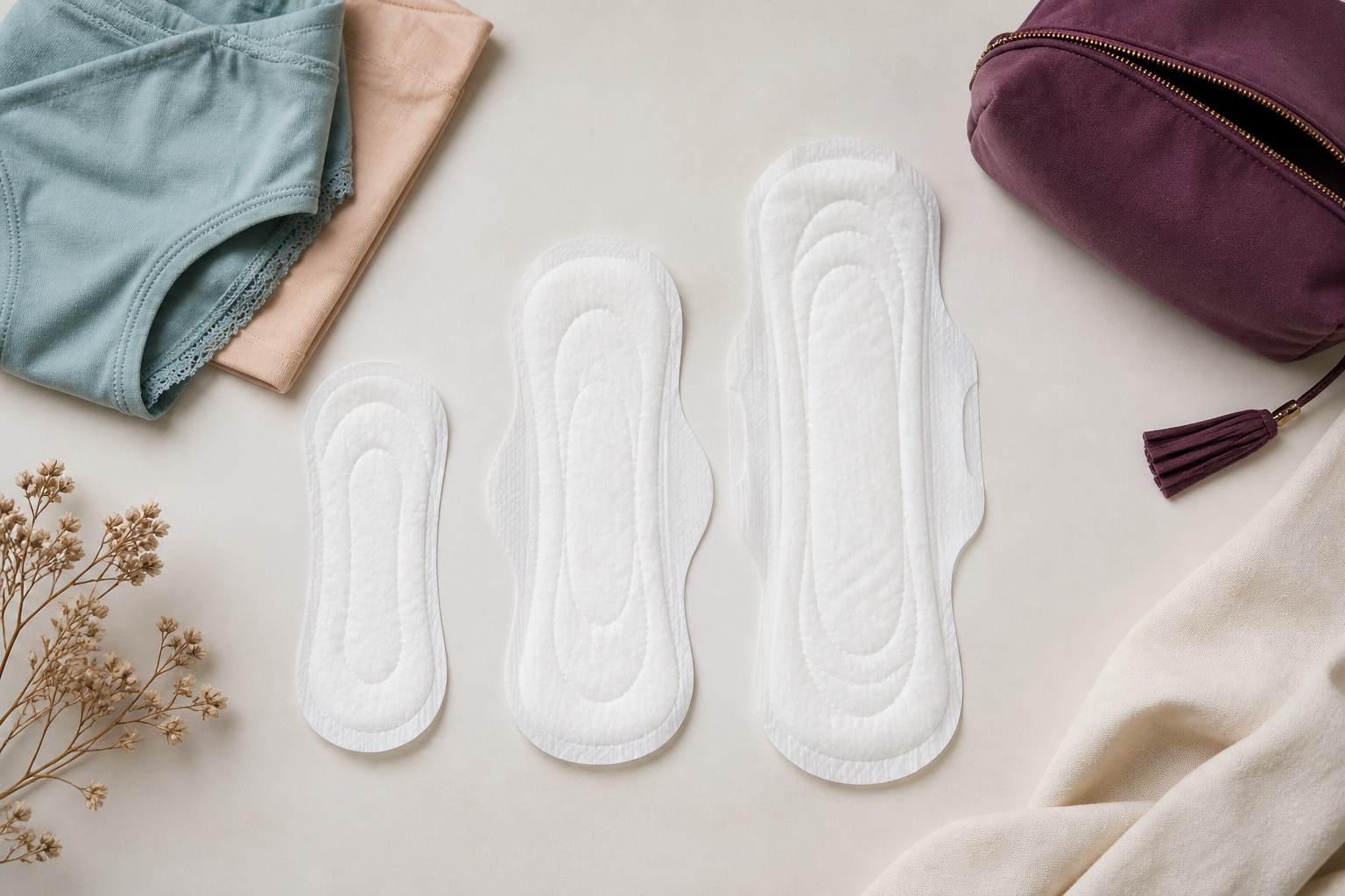 Three unbranded sanitary pads in different lengths beside cotton underwear