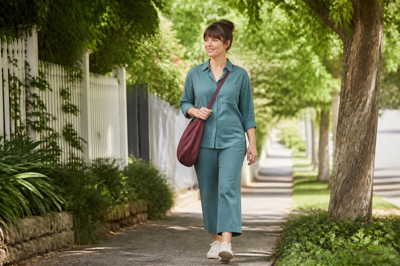 Woman walking comfortably along a leafy neighbourhood path