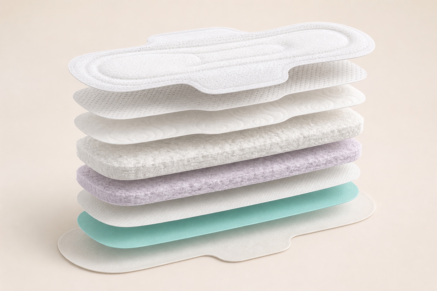 Exploded view of a sanitary pad with eight distinct layers