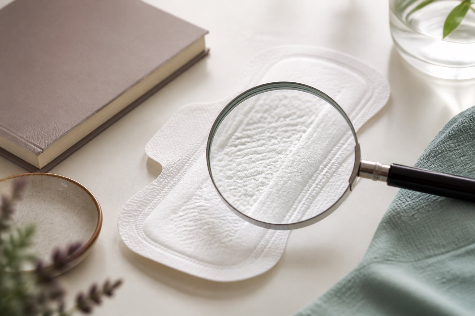 Magnifying glass examining the surface of an unbranded sanitary pad
